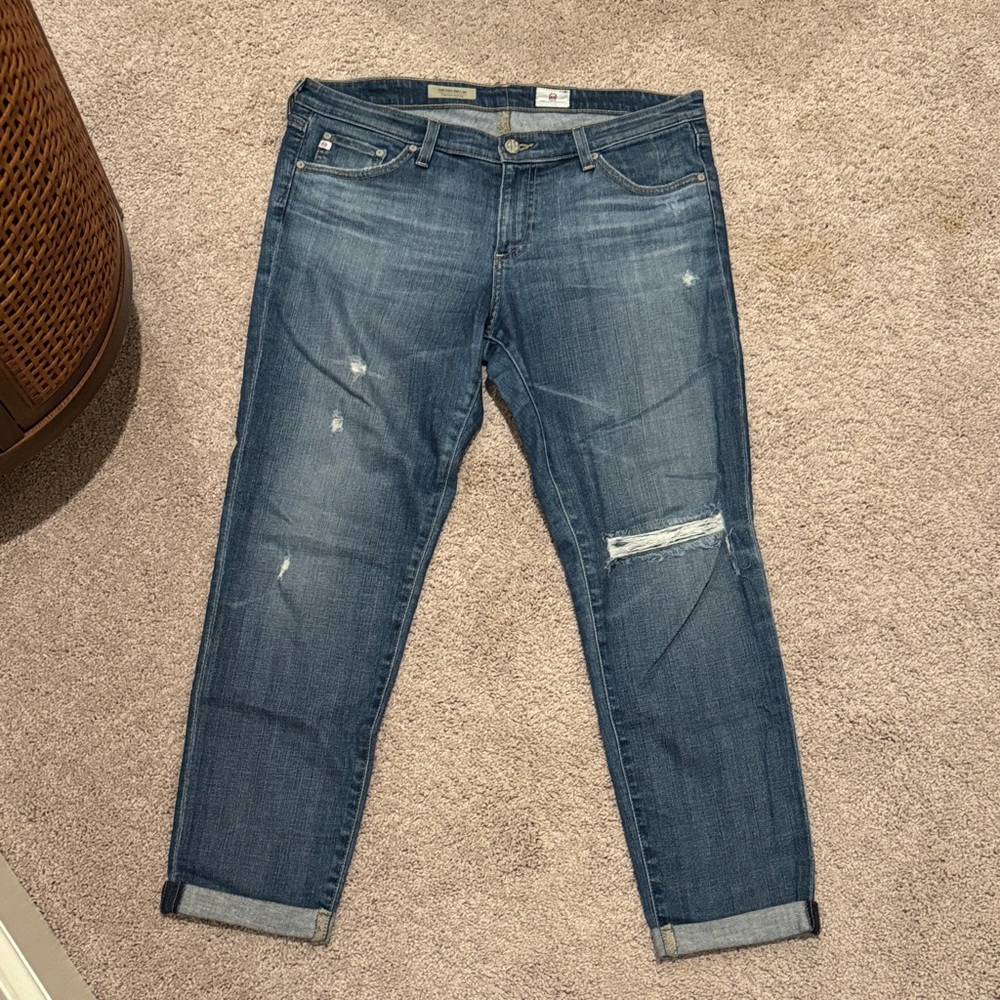 AG The Stilt Roll-Up Distressed Blue Ankle Jeans
